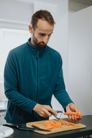 Man peeling carrots in a modern kitchen using a vegetable peelerの写真素材
