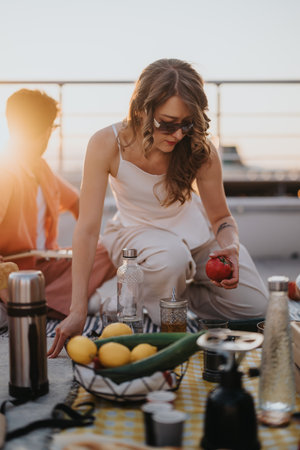 Enjoying a rooftop picnic with friends during a sunsetの写真素材
