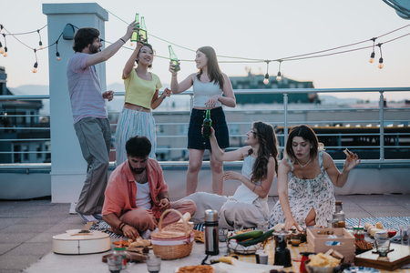 Group of Friends Celebrating on a Rooftop at Duskの写真素材