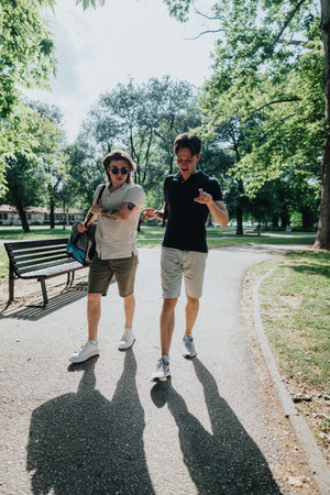 Two friends walking and talking in a peaceful green city parkの写真素材