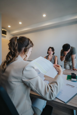 Young couple consulting a bank adviser regarding financial loans and planning optionsの写真素材