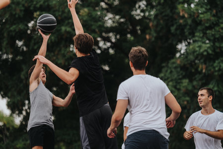 Group of friends playing basketball outdoors, jumping for the ball during a competitive gameの写真素材