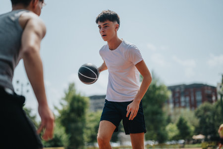 Young man dribbles and competes in an outdoor basketball game on a sunny dayの写真素材
