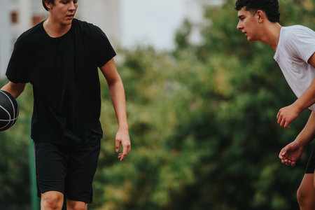 Two young men play basketball outdoors, dribbling and guarding each other in a sunny park