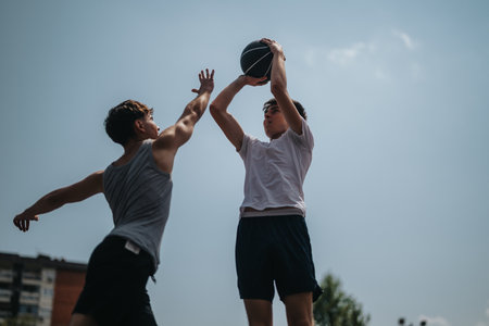 Two young players compete in a sunny outdoor basketball game, one shooting while the other defendsの写真素材