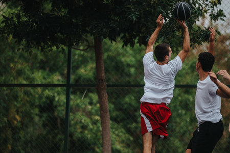 Two Men Play Basketball Outdoors, Jumping for the Ball on a Fenced Courtの写真素材