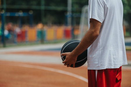 A basketball player on an outdoor court holds a ball, ready for practice on a bright dayの写真素材