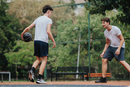 Two Friends Play Basketball on an Outdoor Park Court, Ready for a Competitive Game