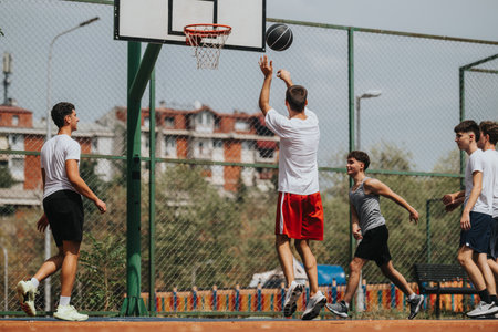 Young men playing basketball on an outdoor court, teamwork, competition, and athletic energy
