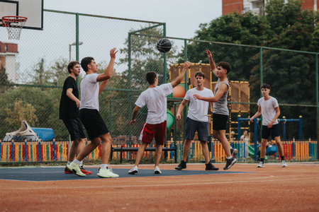 Friends Playing Basketball on an Outdoor Court with Fence and Playground in the Backgroundの写真素材
