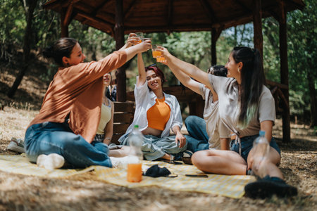Friends toast drinks during an outdoor park picnic, sitting on a blanket and enjoying a sunny gathering.の写真素材