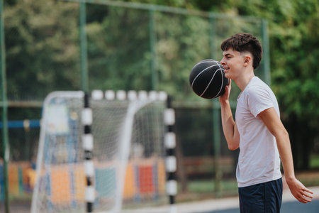 Young man with basketball on an outdoor court near a goal, ready to play and practiceの写真素材
