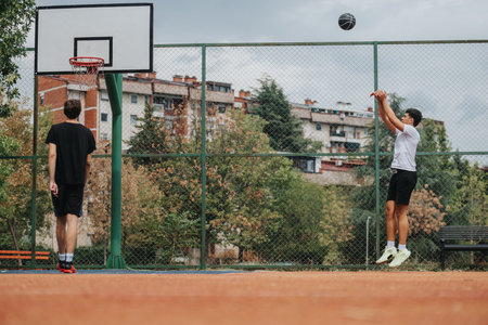 Two young men playing basketball on an outdoor court near apartments and trees today together