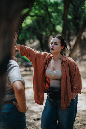 Woman in brown jacket speaks with a friend in a shaded park, capturing a casual outdoor momentの写真素材