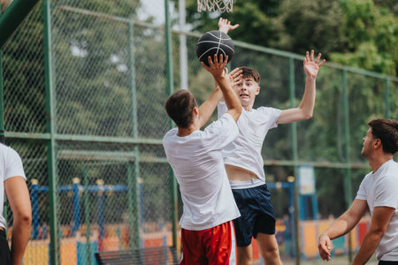 Young players compete for the ball in a competitive outdoor basketball game on a sunny court today