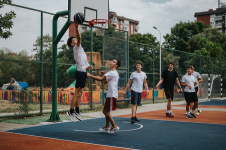 Friends play basketball outdoors as one player dunks while teammates watch on a sunny court