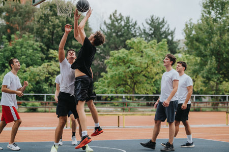 Young men play basketball outdoors, jumping for a layup around teammates and onlookers