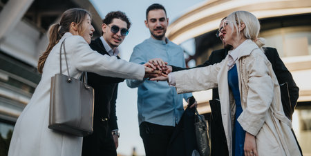 Team celebrating success with a hand-stack gesture while gathering outdoors