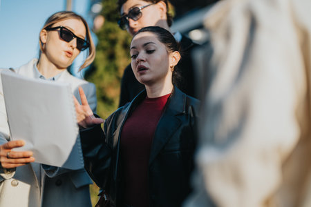 Professional team discussing documents outdoors with focus and collaborationの写真素材