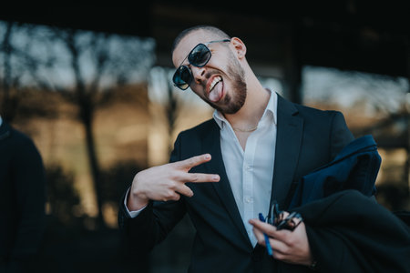 Young professional posing playfully outdoors in stylish suit and sunglassesの写真素材