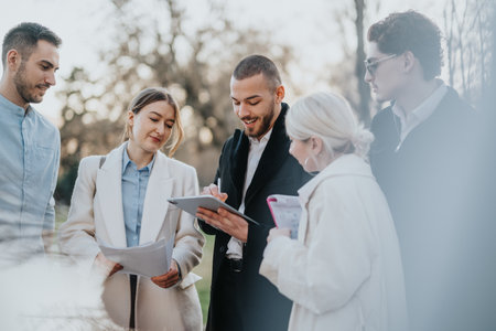 Business professionals collaborating on a project in a serene outdoor environmentの写真素材