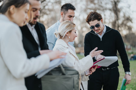 Group of professionals discussing documents outdoors in a park settingの写真素材