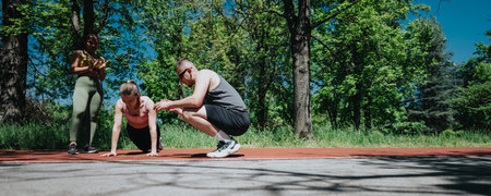 Group outdoor workout with guidance from a personal trainer in lush natureの写真素材