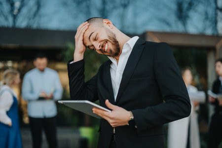 Businessman smiles outdoors while examining a tablet with colleagues in backgroundの写真素材
