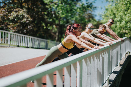 Group of friends exercising outdoors on a sunny day near a bridgeの写真素材