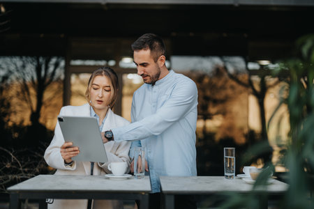 Two business colleagues discussing work on a tablet in an outdoor settingの写真素材