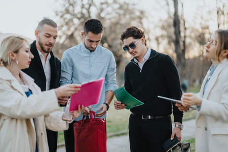 Group of professionals collaborating outdoors during a business meeting in natureの写真素材