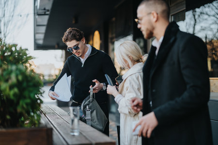 Three young professionals interacting outdoors near a modern cafeの写真素材