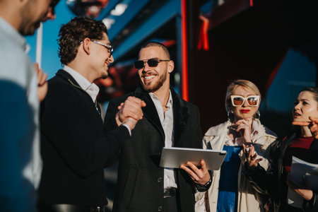 Group of professionals networking outdoors in a sunny urban settingの写真素材