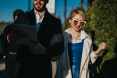 Confident business professionals outdoors enjoying daylight with dynamic fashion