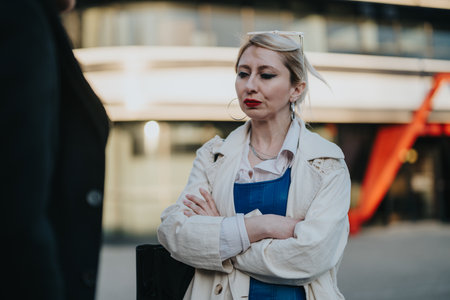 Confident woman standing outdoors with arms crossed and serious expression