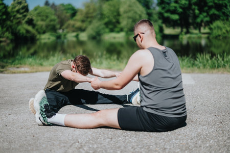 Two individuals exercising outdoors near a pond on a sunny day