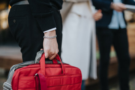Person holding a red briefcase outdoors during a casual group meeting