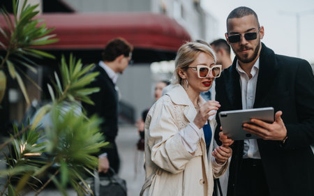 Professional colleagues reviewing a tablet together on a sunny business day outdoors