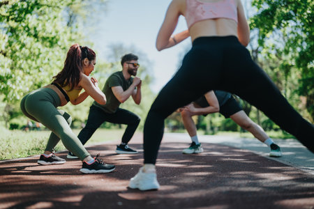 Group of individuals exercising together outdoors in a sunny parkの写真素材