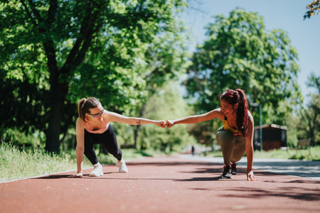 Two friends exercising outdoors together, fostering teamwork and fitnessの写真素材