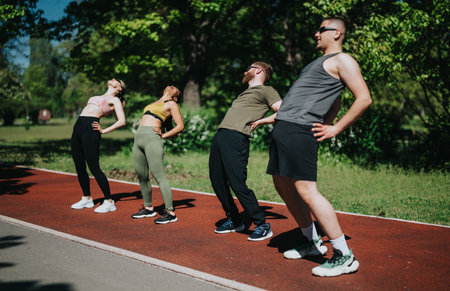 Group fitness activity outdoors with participants stretching on a sunny dayの写真素材