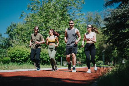 Group of friends jogging together in a sunny outdoor park trailの写真素材