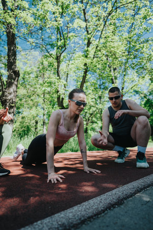 Outdoor fitness training session with individuals in active wear on a sunny day