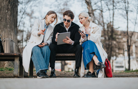 Three professionals collaborating outdoors with a tablet and phone on a park bench