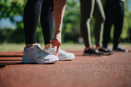 Close-up of group exercising outdoors on a sunny day