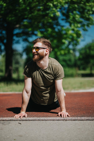 Man doing yoga exercise outdoors on a sunny day on a sports track