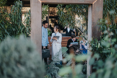 Professionals engaging and discussing in a lush outdoor business settingの写真素材