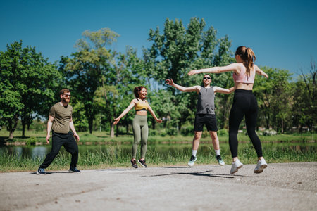 Group of diverse friends exercising together outdoors on a sunny day