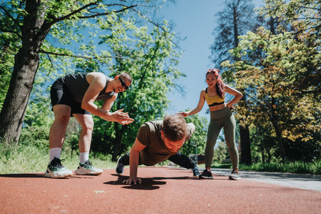 Friends engaging in an outdoor fitness training session in a sunny parkの写真素材