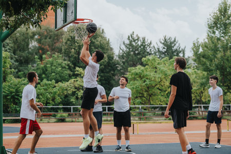 Young friends play basketball outdoors on a sunny court, showcasing teamwork and athletic effort